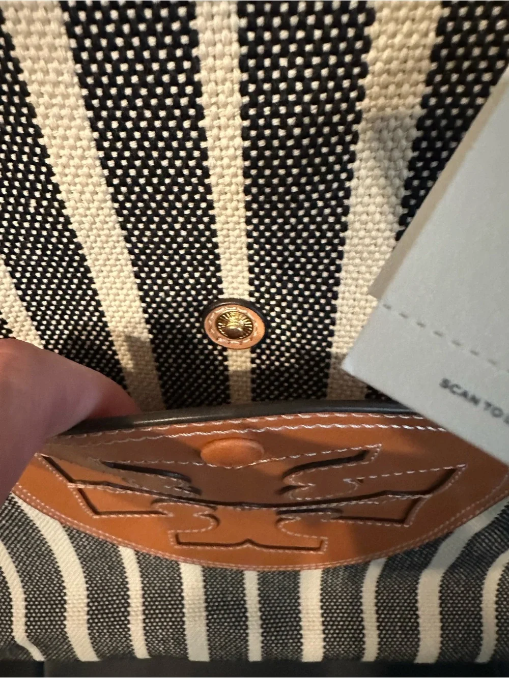 RARE…Tory Burch Black and Tan Striped Ella Canvas Tote with Logo Medallion